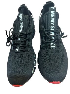 Men's Black Knit Athletic Sneakers with Subtle Red Tip